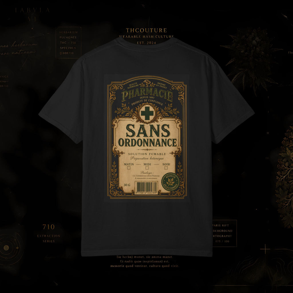 Vintage Apothecary Label T-Shirt — 'Sans Ordonnance' Retro Pharmacy Graphic