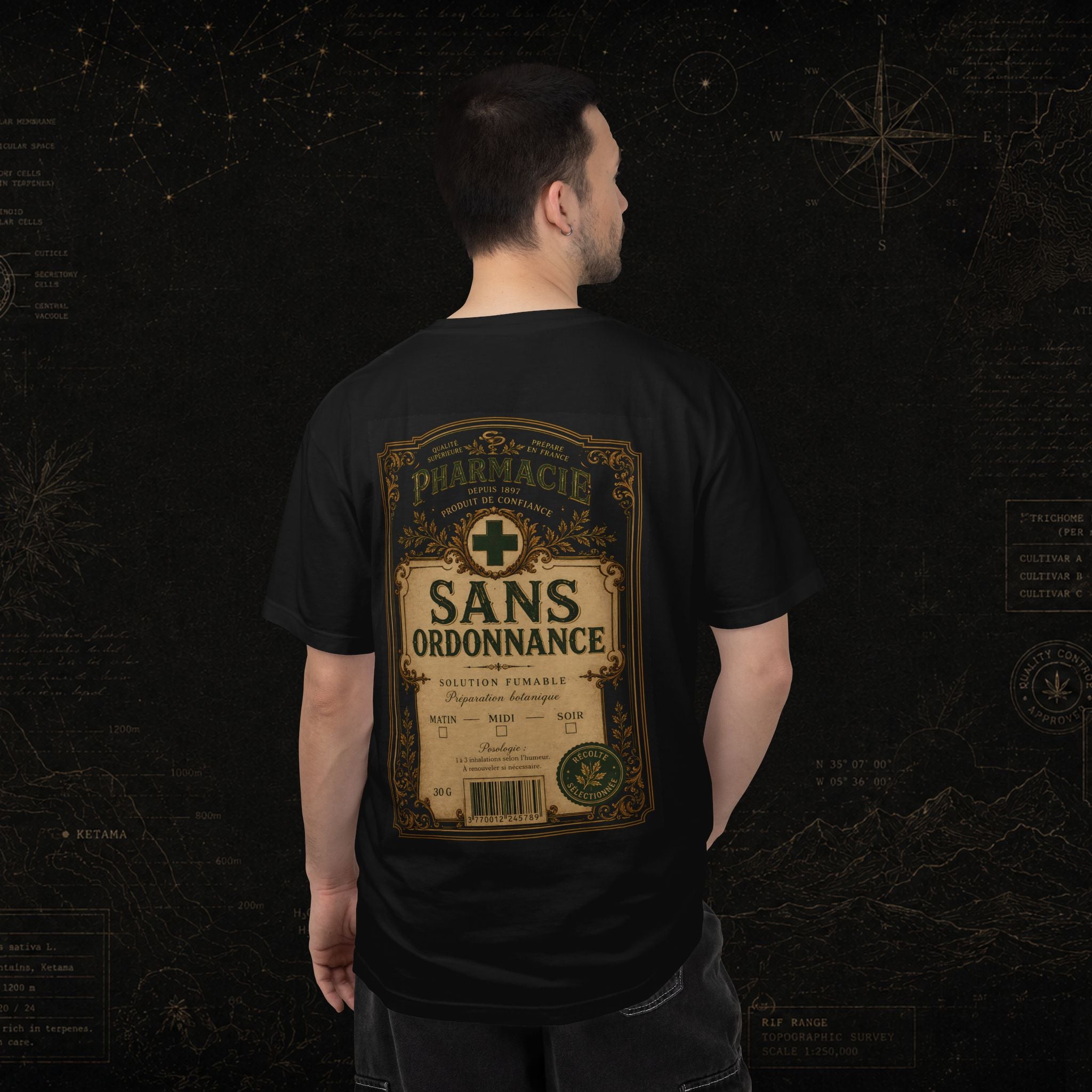 Vintage Apothecary Label T-Shirt — 'Sans Ordonnance' Retro Pharmacy Graphic