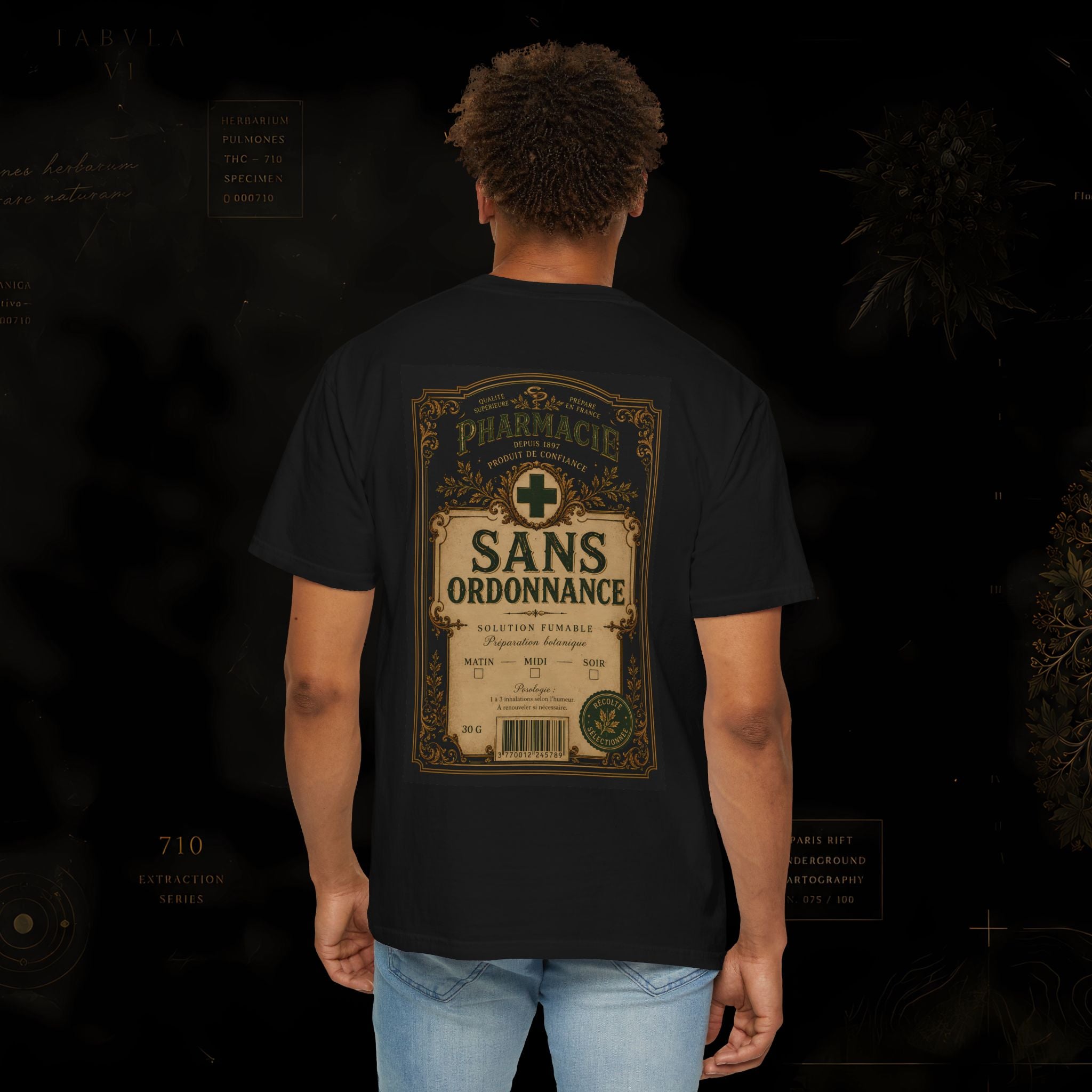 Vintage Apothecary Label T-Shirt — 'Sans Ordonnance' Retro Pharmacy Graphic