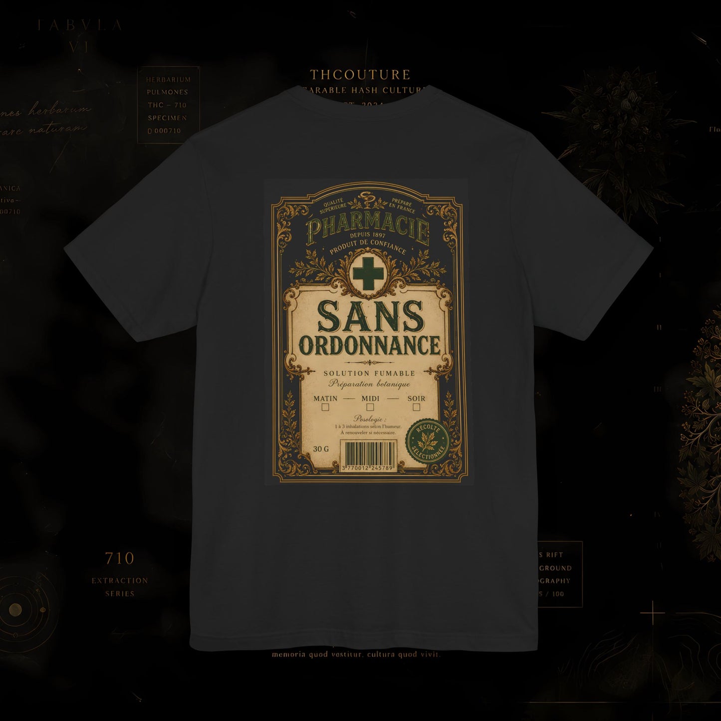 T-shirt THCOUTURE Sans Ordonnance — étiquette apothicaire vintage au dos