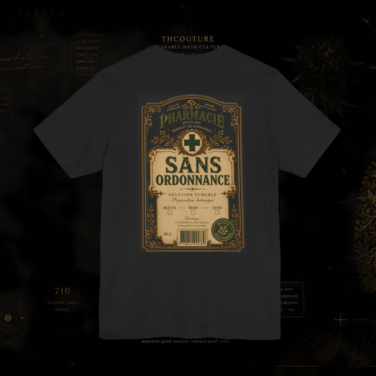 T-shirt THCOUTURE Sans Ordonnance — étiquette apothicaire vintage au dos